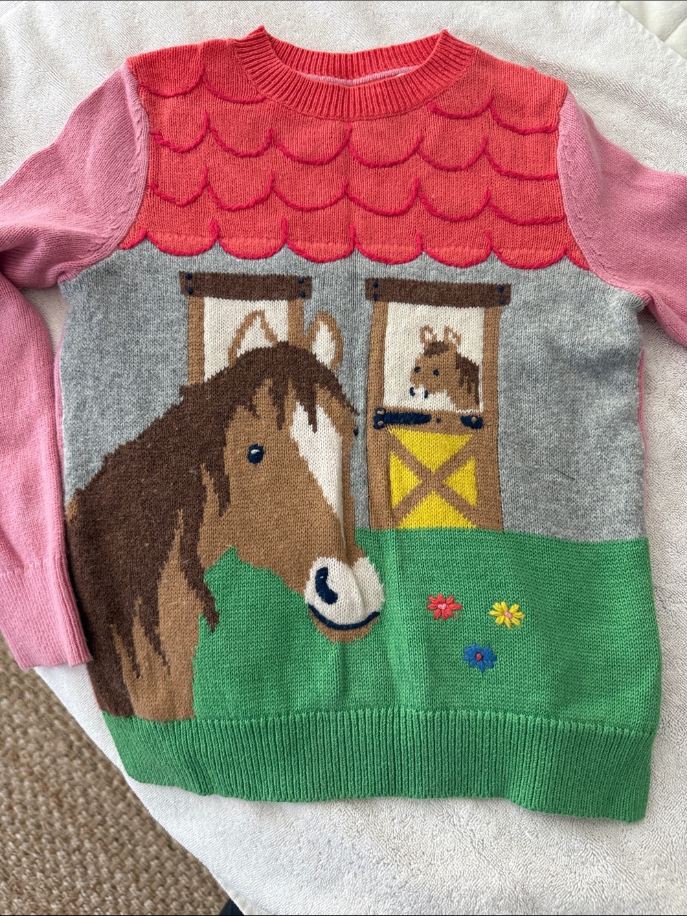 Mini Boden Girls 8-9Y Horse Stable Intarsia Sweater Wool Blend Pink 134cm